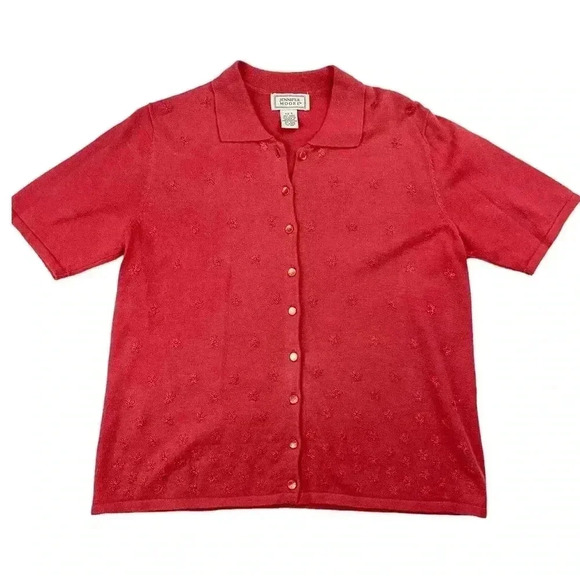 VTG Jennifer Moore Women's Red Collared Top Short Small Embroidered Flowers - Picture 1 of 12